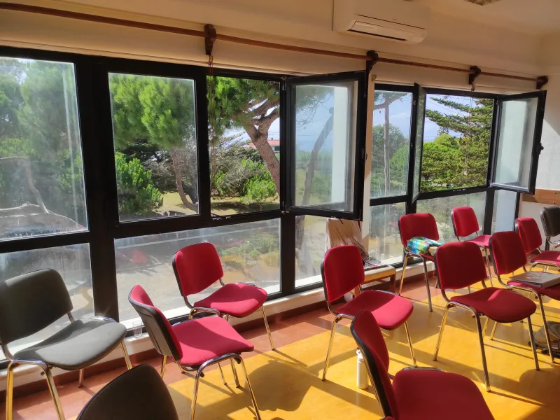 The workshop room's wall of windows overlooking pine trees and the garden